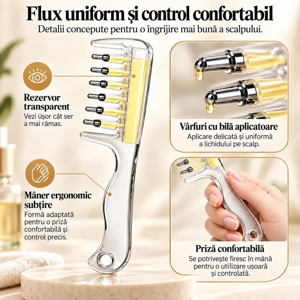 Pieptene Aplicator pentru Păr și Scalp