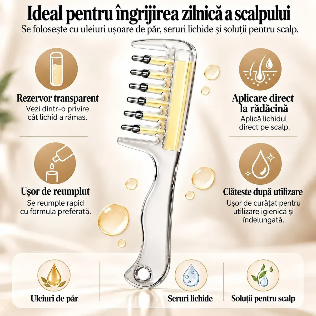 Pieptene Aplicator pentru Păr și Scalp
